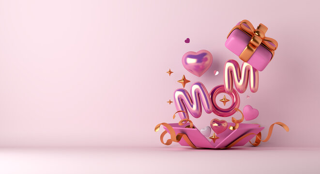 Happy mothers day decoration background with gift box, balloon, mom text, copy space text, 3D rendering illustration