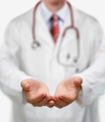 Doctor with empty open hands for health care advertisement concept