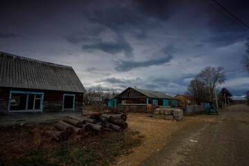 The village of Krasny Yar in Primorsky Krai. Street in a Russian village during bad weather. Storm warning in the village.