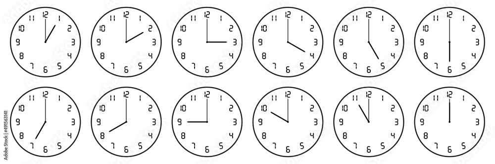 Wall mural horizontal set of analog clock with digital number icon notifying each hour isolated on white,vector
