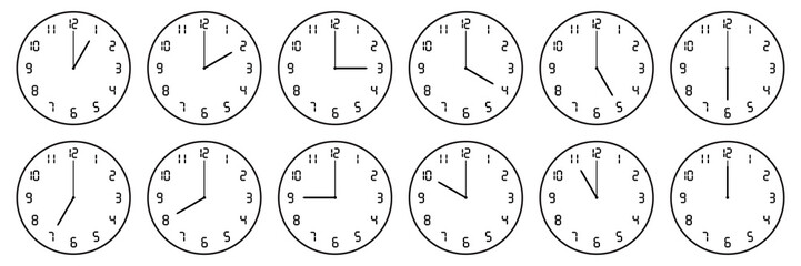 horizontal set of analog clock with digital number icon notifying each hour isolated on white,vector illustration