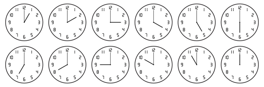 horizontal set of analog clock with digital number icon notifying each hour isolated on white,vector illustration