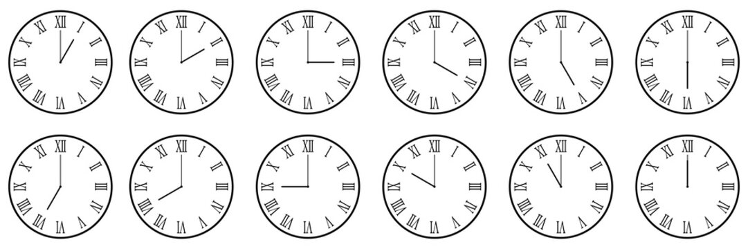 horizontal set of analog clock icon with roman numeral notifying each hour isolated on white,vector illustration