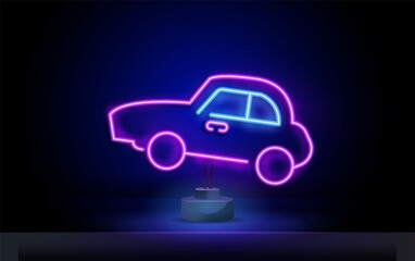 Fototapeta na wymiar Futuristic sport car icon in neon style. Neon concept. Glowing electric virtual control. Traffic on a road. Vector illustration. Side view.