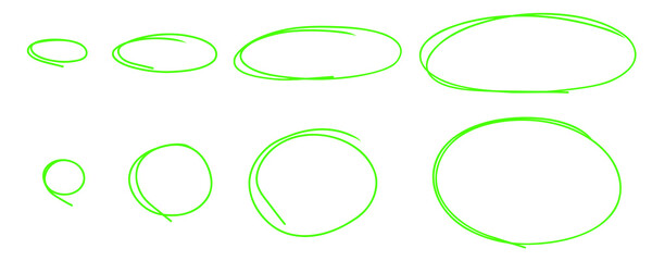 Highlight oval frames, curve underline and border. Hand drawn freen scribble circle set. Doodle ovals and ellipses line template. Stock vector illustration isolated on white background.