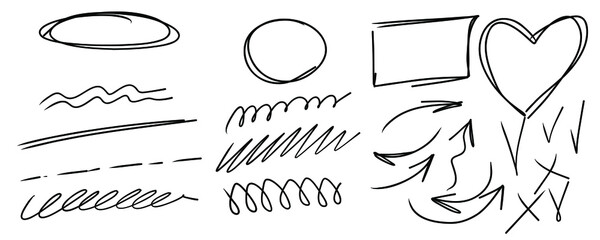 Hand drawn oval frames, highlight  curve underline and arrows. Hand drawn scribble circle set. Doodle ovals and ellipses line template. Stock vector illustration isolated on white background.