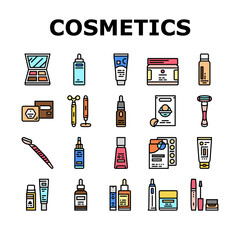 Cosmetics For Visage Skin Treat Icons Set Vector. Eyeshadow Palette And Face Oil, Solid Shampoo And Body Butter, Firming Serum And Mattifying Cream Skincare Cosmetics Color Illustrations