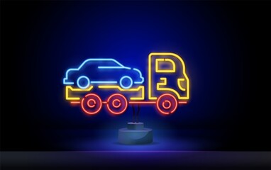Tow trucks EVACUATOR neon icon with car being evacuated. Car evacuation advertisement design. Night bright neon sign, colorful billboard, light banner.