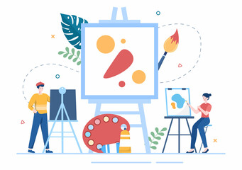 Painting Flat Illustration with Someone who Paints using Easel, Canvas, Brushes and Watercolor for Poster or Workshops Designs