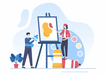 Painting Flat Illustration with Someone who Paints using Easel, Canvas, Brushes and Watercolor for Poster or Workshops Designs