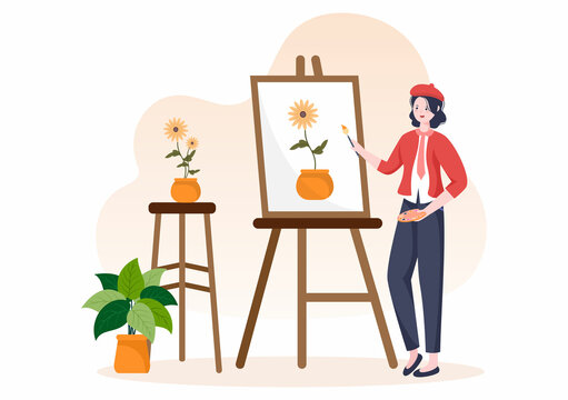 Painting Flat Illustration with Someone who Paints using Easel, Canvas, Brushes and Watercolor for Poster or Workshops Designs