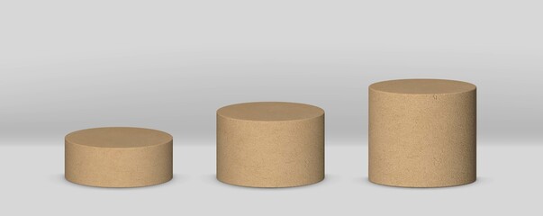 Realistic cardboard paper 3d cylinder stand isolated on grey background. 