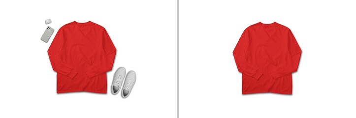 Red long sleeve t shirt top view isolated plain on background