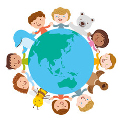 地球のあらゆる人種の動物の手を繋ぎ仲良し