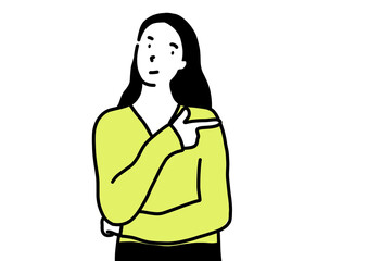 指差しをしているロングヘアー女の人。