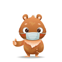 Baby bear stands in a mask and shows a thumbs up. Drawn in cartoon style. Vector illustration for designs, prints and patterns. Isolated on white background