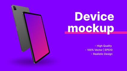 Website Advertisement Banner. Tablet Diagonal Front and Back View with Blank Screen Mockup. Minimalistic Purple Promotion Slide. Vector illustration