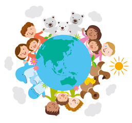 地球環境を考えてあらゆる人種も動物も植物も手を繋ぎ仲良し家族