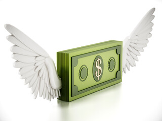 Fictitious dollar bill with angel wings isolated on white background. 3D illustration