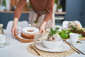 Hands of unrecognizable woman setting table with an easter cake