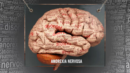 Anorexia nervosa anatomy - its causes and effects projected on a human brain revealing Anorexia nervosa complexity and relation to human mind. Concept art, 3d illustration - obrazy, fototapety, plakaty
