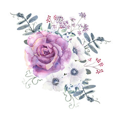 Flower bouquets with purple roses and anemones on a white isolated background. Hand-drawn watercolor illustration © Natika_art