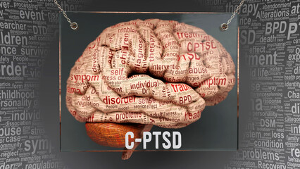 C ptsd anatomy - its causes and effects projected on a human brain revealing C ptsd complexity and relation to human mind. Concept art, 3d illustration