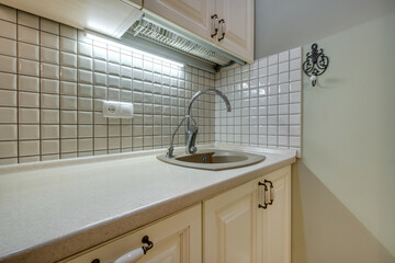Interior of the small living equipped kitchen in studio apartments in minimalistic style with light color
