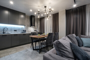 Interior of the small living equipped kitchen in studio apartments in minimalistic style with light...