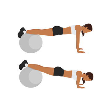 Woman doing stability Swiss ball push up exercise. Flat vector illustration isolated on white background