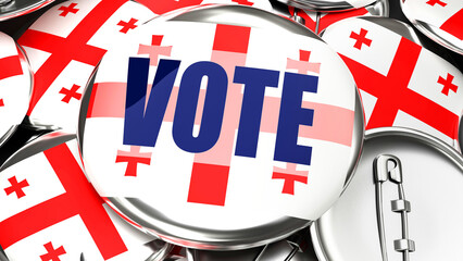 Georgia and Vote - dozens of pinback buttons with a flag of Georgia and a word Vote. 3d render symbolizing upcoming Vote in this country., 3d illustration
