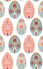 Vector seamless pattern with Easter eggs with a folk pattern in row. Gentle texture with festive treat with a folk decoration on white background. Backdrop for fabrics and wallpapers