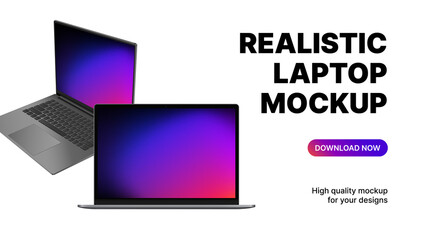 Two Blank Laptops Rotated and Front View. Realistic Device Mockups. Vector illustration