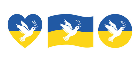 Set of icons of the flag of Ukraine with the dove of peace. The concept of a peaceful and independent life. Vector illustration isolated on a white background for design and web.
