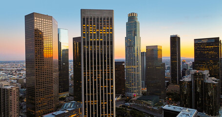Los Angeles downtown panoramic city with skyscrapers. California theme with LA background. Los Angels city center. Los angeles buildings.