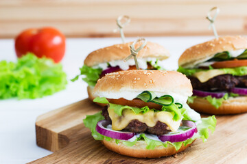 Delicious burgers beef takeaway.
