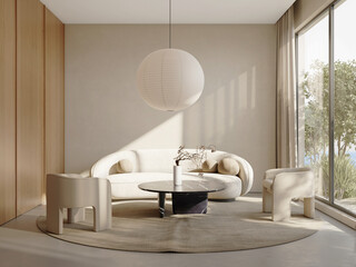 3d interior of a Japandi style interior living room a design with simplicity, natural elements, and minimalism