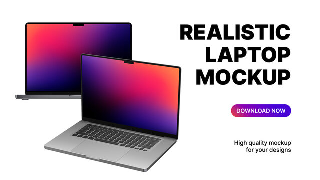 Two Blank Laptops Rotated and Front View. Realistic Device Mockups on White Background. Vector illustration