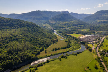 Green mountains and blue sky at valley, Rio Grande do Sul, Brazil.
