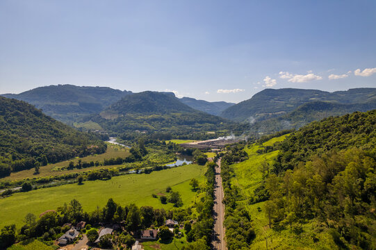 Green mountains and blue sky at valley, Rio Grande do Sul, Brazil.