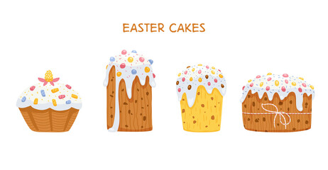 Easter cakes vector illustrations set. Cakes with icing and decorations.