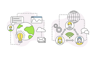 Business idea, professional staff searching and finance lined symbols set vector illustration