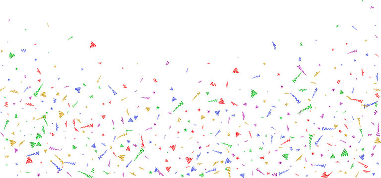 Abstract festive frame with many falling tiny confetti pieces and streamers