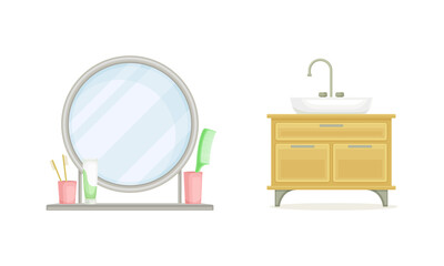 Fototapeta premium Bathroom interior elements set. Washbasin cabinet and circle mirror cartoon vector illustration