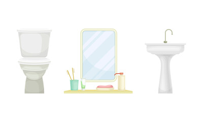 Bathroom interior elements set. Toilet bowl, sink and mirror cartoon vector illustration