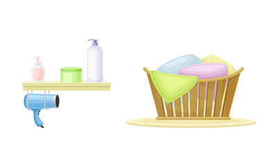 Bathroom accessories set. Cosmetics, hairdryer and laundry basket cartoon vector illustration