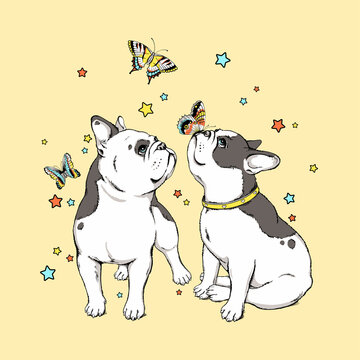 Two cute french bulldogs with butterflies. Image for printing on any surface