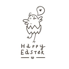 Vector easter card with cute cartoon chicken. Doodle line art character. Funny holiday print.