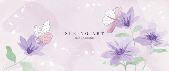 Spring season on watercolor texture background. Hand drawn floral and insect wallpaper with purple flowers, butterflies, leaf. Blossom garden art design for banner, cover, decoration, poster. © TWINS DESIGN STUDIO