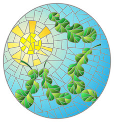 An illustration in the style of stained glass with autumn oak leaves floating on a background of blue sky and sun, oval image